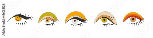 A set of eyes with bright makeup in the style of the 70s. Retro eyes. Hippie style. Vector illustration isolated on a white background.