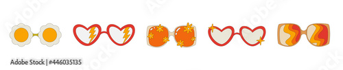 A set of hippie-style sunglasses. Glasses with a pattern, with flowers and lightning bolts in the style of the 70s. Retro glasses. Vector illustration isolated on a white background