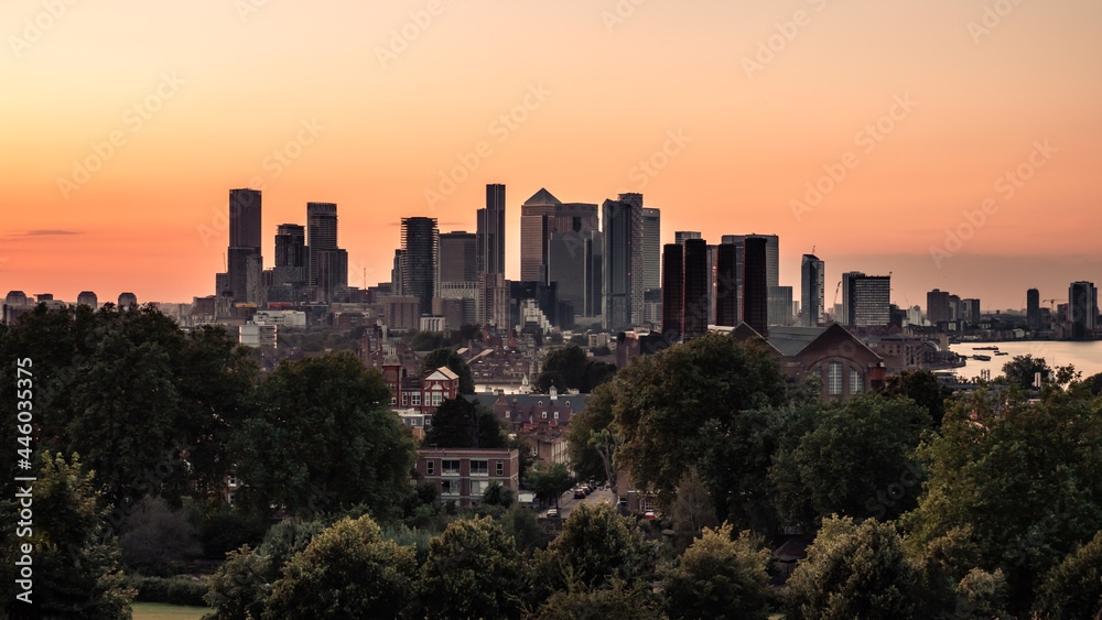 Sunset landscape of canary wharf skyscrapers and buildings 
