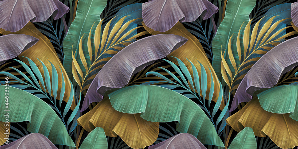 Tropical luxury exotic seamless pattern. Pastel colorful banana leaves, palm. Hand-drawn vintage 3D illustration. Dark glamorous background design. Good for wallpapers, tapestry,cloth, fabric printing - obrazy, fototapety, plakaty 
