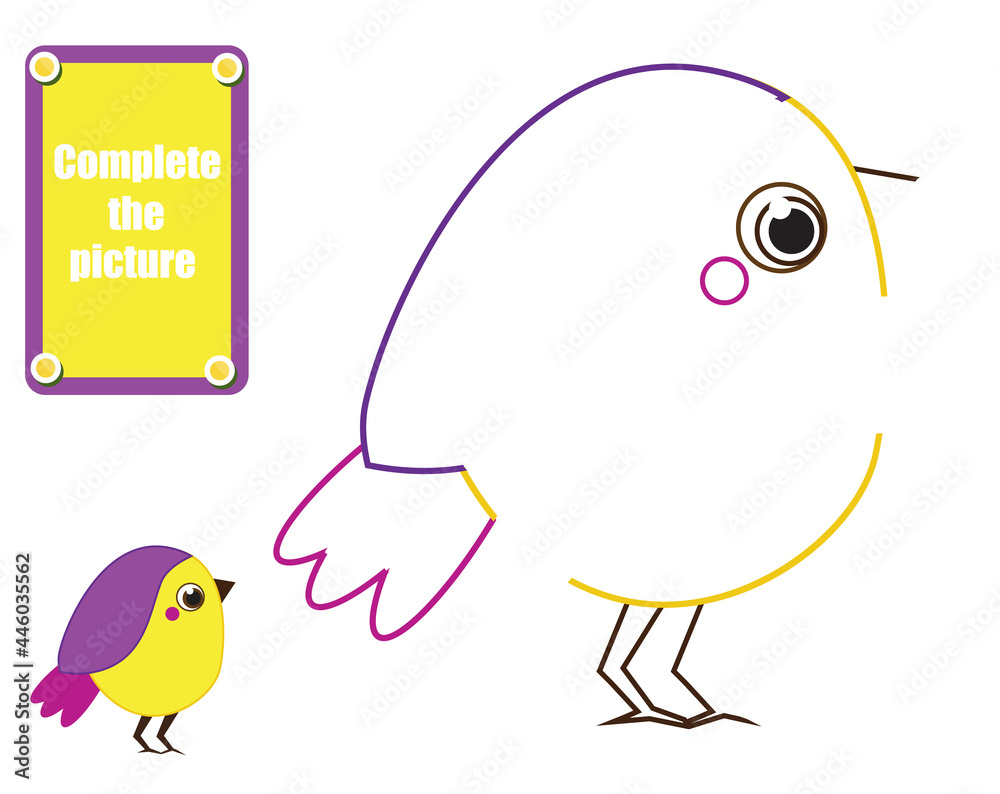 complete picture educational children game. Kids drawing worksheet. Printable activity for toddlers. Draw bird complete picture educational children game. Kids drawing worksheet. Printable activity for toddlers. Draw bird