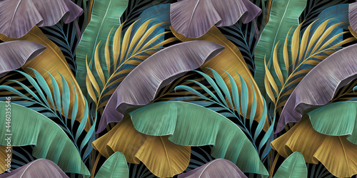 Tropical luxury exotic seamless pattern. Pastel colorful banana leaves, palm. Hand-drawn vintage 3D illustration. Dark glamorous background design. Good for wallpapers, tapestry,cloth, fabric printing photo