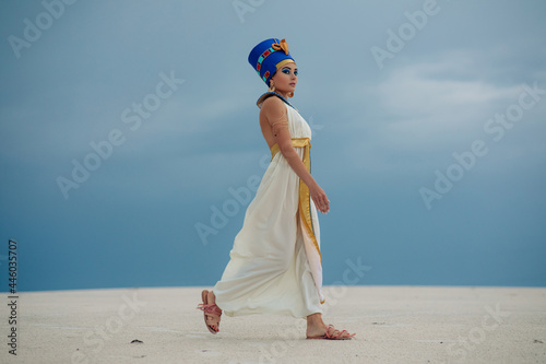 Картината върху платно Woman in image of egyptian queen Nefertiti walks in desert.