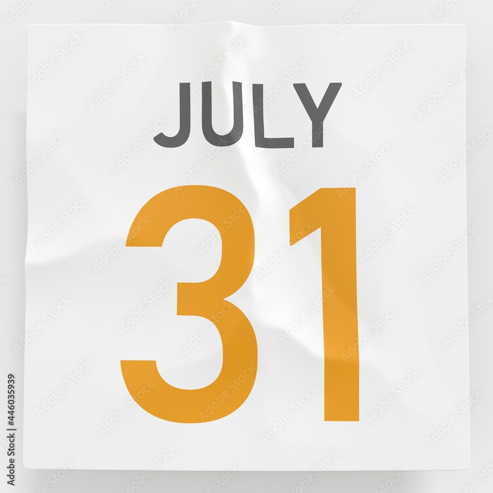 July 31 date on crumpled paper page of a calendar, 3d rendering