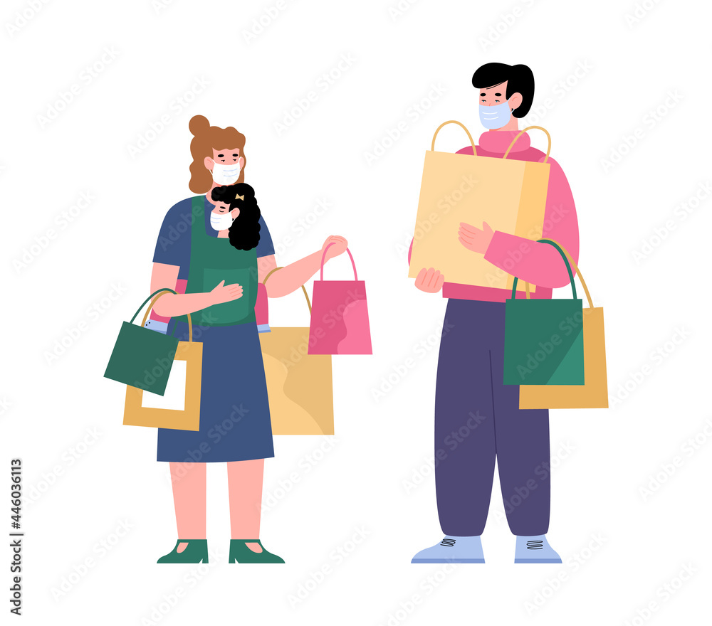 Happy family of shoppers in facial masks hold lot of bags in hands.