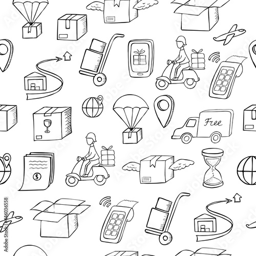 Seamless pattern of delivery icons on a white background in doodle style. Free, safe, international, delivery of large and small goods. Postal items. Vector background for your business.