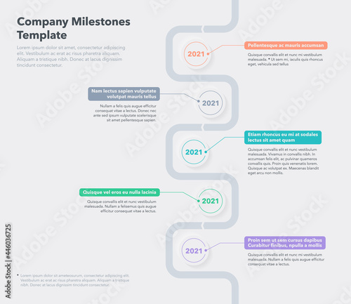 Modern company milestones timeline template with five steps. Easy to use for your website or presentation.