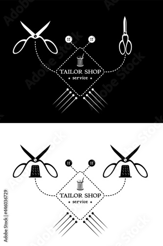 Tailor shop service. Logo in the form of a sea crab made from sewing supplies. Vector