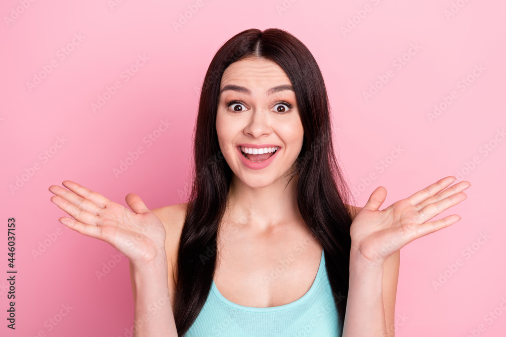 Photo of young excited girl happy positive smile amazed excited surprised isolated over pastel color background Photo of young excited girl happy positive smile amazed excited surprised isolated over pastel color background