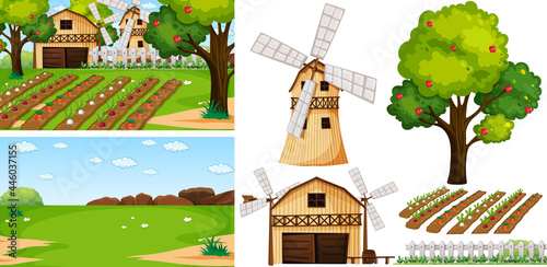 Farm element set isolated with farm scence