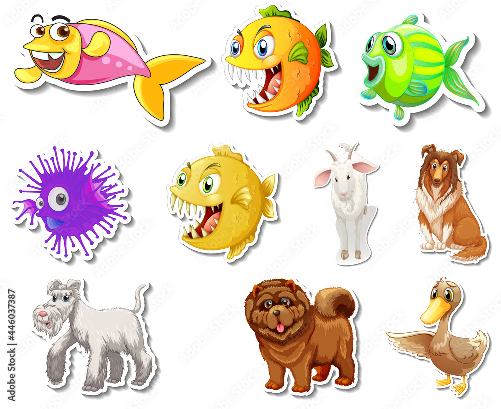 Naklejka premium Set of stickers with sea animals and dogs cartoon character