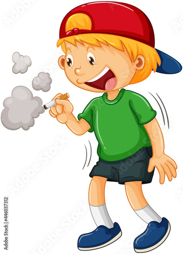 A boy trying to smoke cigarette cartoon character on white background