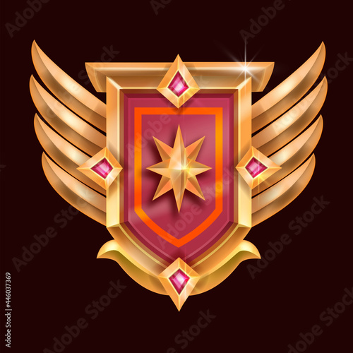 Victory game badge icon, vector rank medal award, golden shield, wings, star, red crystal. Level up achievement winner reward, royal heraldic UI emblem, fantasy treasure object. Leader game badge