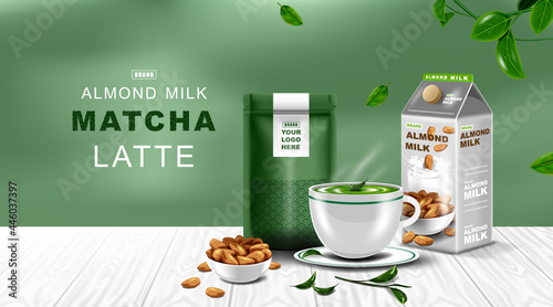 Kraft paper foil zip lock bag food stand up pouch with Green tea latte cup and almond milk. Mockup template for logo.