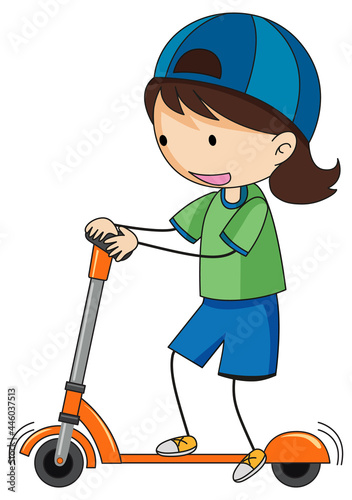 A doodle kid playing scooter cartoon character isolated