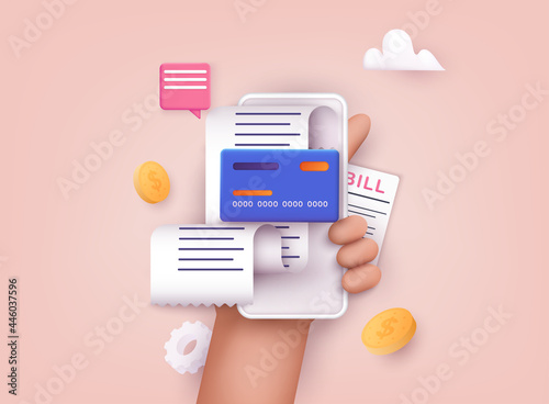 Hand holding mobile smart phone with paying bills. Invoice, bill icon suitable for info graphics. Payment of utility, bank, restaurant and other bill. 3D Web Vector Illustrations.. photo