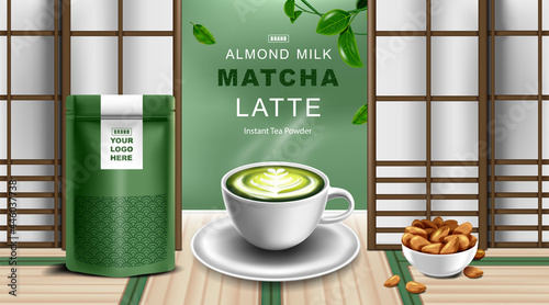 Kraft paper foil zip lock bag food stand up pouch with Green tea latte cup and almond milk with japanese background. Mockup template for logo.