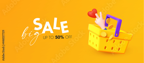 Cool Sale design template with shopping bascet and victory gesture. V sign. Spectial offer render space. photo