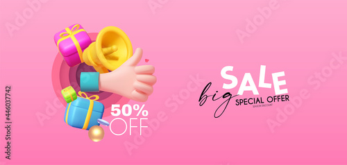 3D Sale gold design with megaphone. gift boxes and thumbs up hand. Special offer render space.