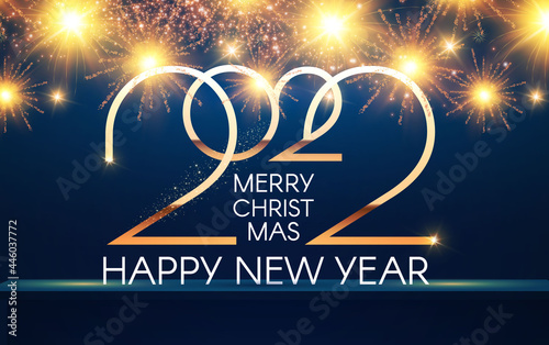 Happy new 2022 year Elegant gold text with fireworks. Minimalistic text template.