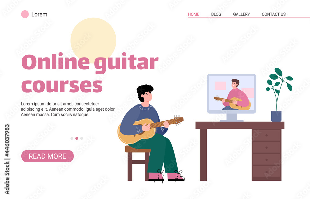 Web banner for online video music lesson how play on classic acoustic guitar.