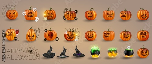 Vector illustration. Yellow pumpkins for Halloween. Jack-o-lantern facial expressions. Horror persons on modern background