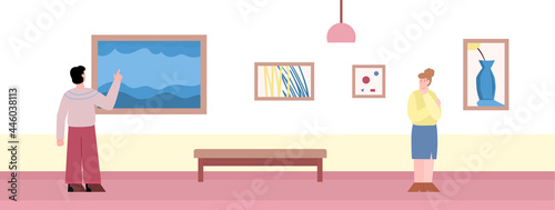 People in art gallery watching exhibition of painting, flat vector illustration.