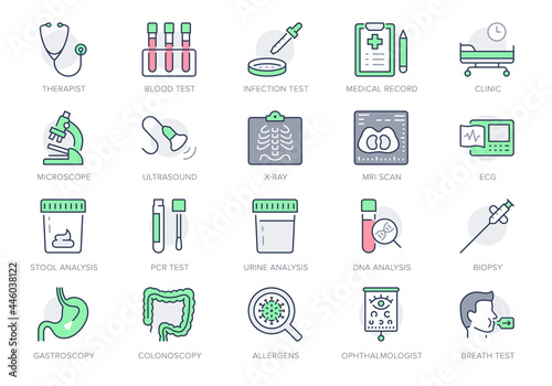 Medical check up line icons. Vector illustration include icon - radiology, stethoscope, xray, ultrasound, pcr, petri dish outline pictogram for health diagnostic. Green color, Editable Stroke