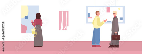 People in museum of modern art watching exposition, flat vector illustration.
