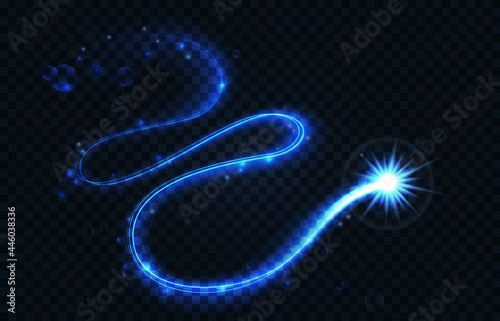 Magic swirl light glow effect of flying blue neon star comet vector illustration. Abstract curve shiny line of energy power twinkle trail, glowing spark luxury fantasy element on dark background