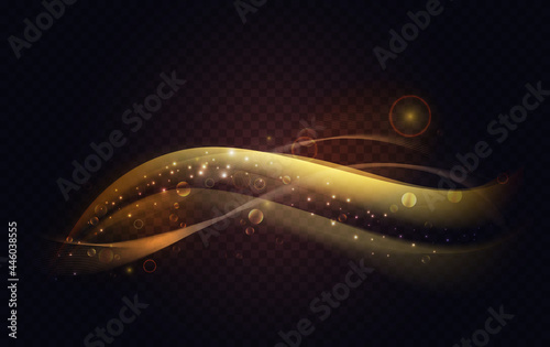 Abstract golden shining lines light rays wave effect vector illustration. Bright shiny curve swirl trail, bokeh lens flare, glossy gold luxury wavy decoration in dynamic motion on dark background