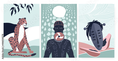 African boho summer card for wall art decor vector illustration. Cartoon simple geometric tropical papaya fruit, tribe people from Africa, jaguar animal in poster, fashion wallpaper set