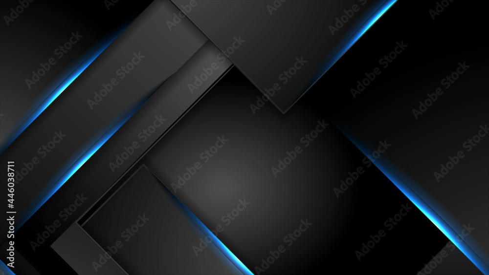 Fototapeta premium Black tech abstract background with blue neon laser lines