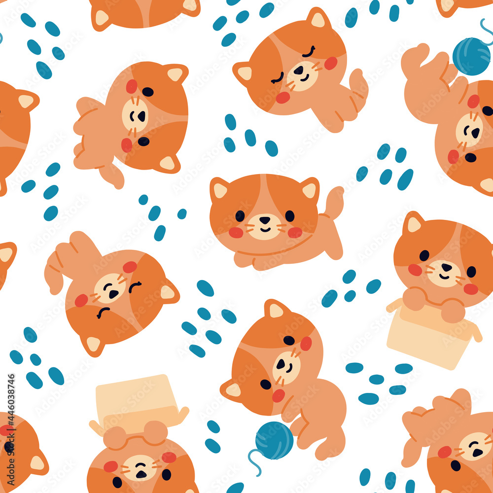Naklejka premium Red kittens in different poses. Cute seamless pattern