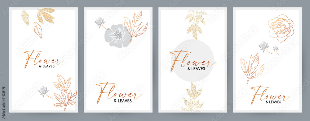 Elegant card template set with hand drawn gold flower. Trendy blossom background