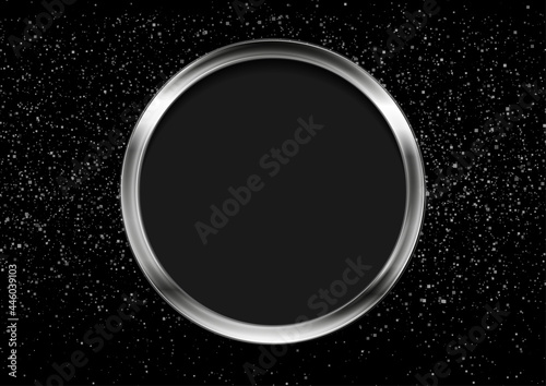 Silver metallic circle frame and shiny glowing bokeh lights graphic design. Sparkling confetti background. Vector Christmas illustration