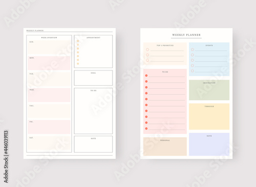 Modern planner template set. Set of planner and to do list. Weekly planner template. Vector illustration.