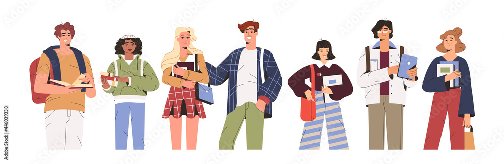 Group of happy students, young people hold gadgets and study books. School or university friends of different nationalities together. Flat smiling multicultural teens in casual clothes with bags.