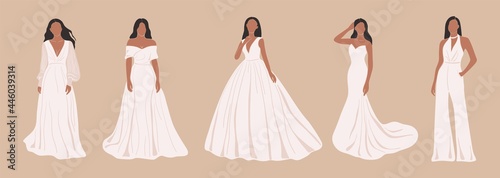 Abstract elegant brides. Modern bridal look full length view, women posing in wedding dress, contemporary art. Vector set