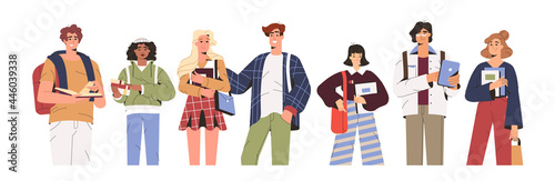 Group of happy students, young people hold gadgets and study books. School or university friends of different nationalities together. Flat smiling multicultural teens in casual clothes with bags.