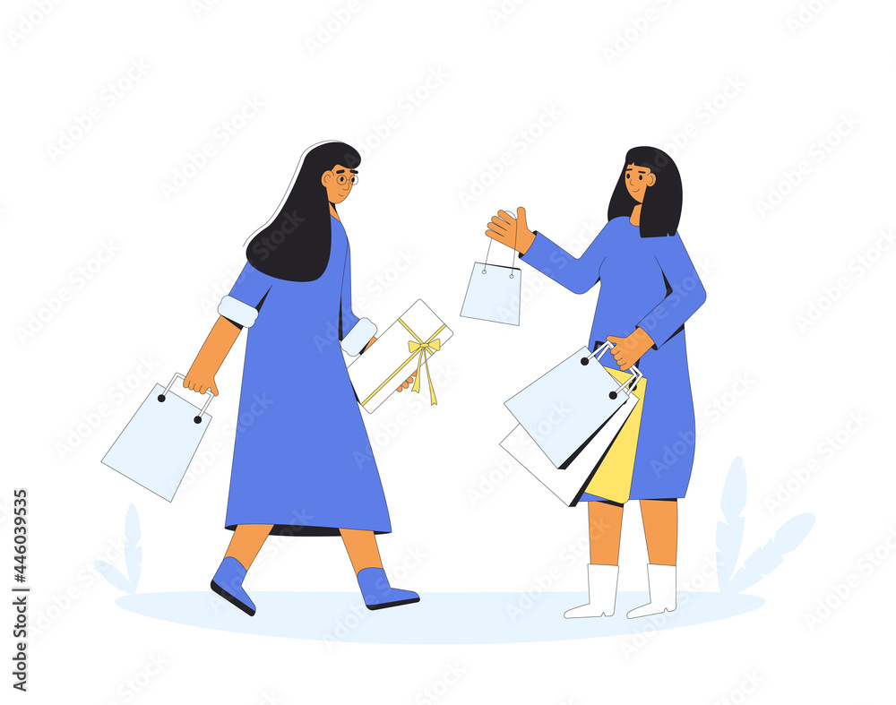 Two young characters with shopping bags. Female persons standing together and holding their purchases.