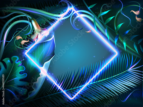 Bright glowing leaves with neon frame. Exotic illuminated plants, natural flowers and jungle tropical leaf with border of square shape. Summer disco party poster, tropic flyer or invitation card.