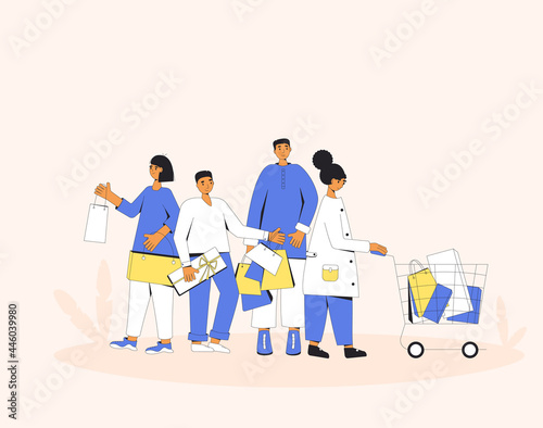 People with shopping bags. Women and men standing with their new goods. © Aleks
