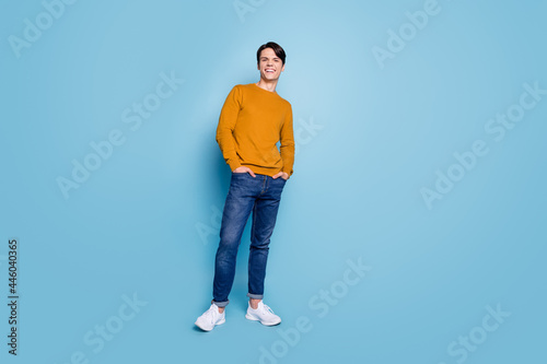 Full size photo of funny brunet millennial guy stnad wear sweater jeans isolated on blue color background