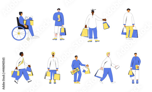 Men with shopping bags. Male characters standing and holding their purchases.