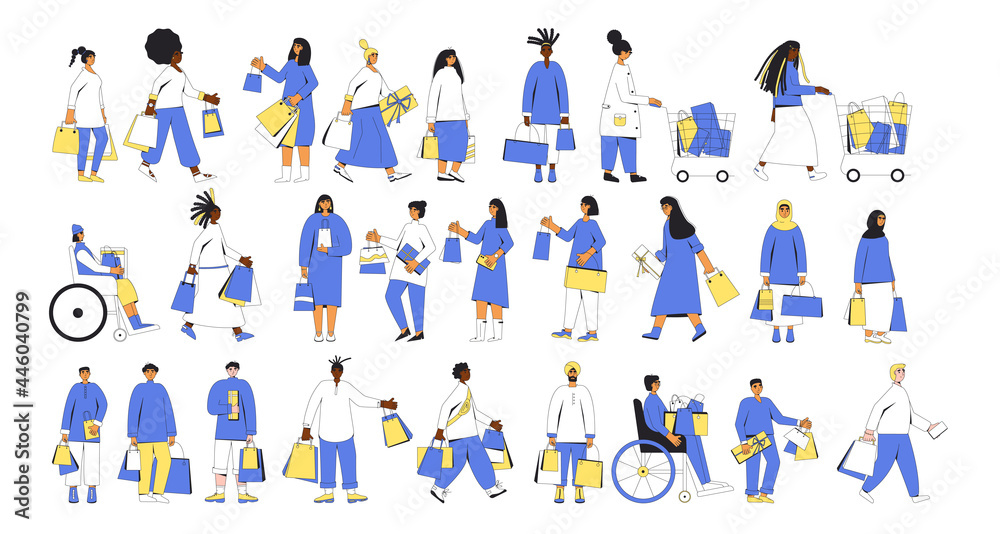 People with shopping bags. Women and men. Male and female characters standing and holding their purchases.