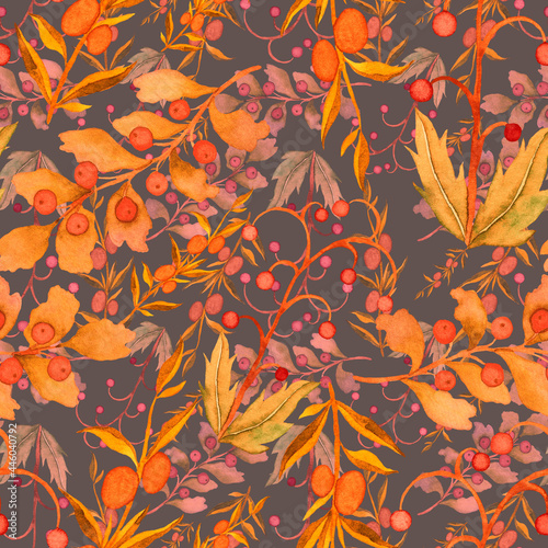 Watercolor seamless pattern with vintage leaves. Beautiful botanical print with colorful foliage for decorative design. Bright spring or summer background. Vintage wedding decor. Textile design. 