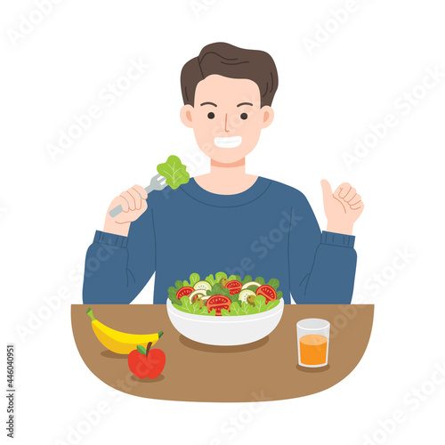 Young men eating salads. Diet food for life. Healthy foods with benefits. Healthy and vegan food concept.