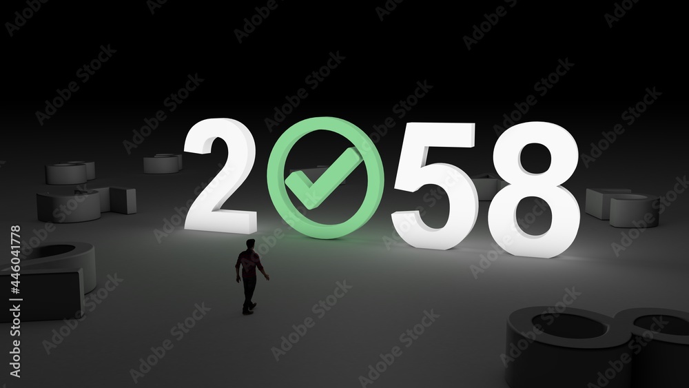 3D illustration of the number 2058 with Check mark icon with and man walking towards it 3D illustration of the number 2058 with Check mark icon with and man walking towards it