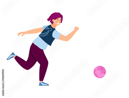 Woman bowling player throwing a ball, flat vector illustration isolated.